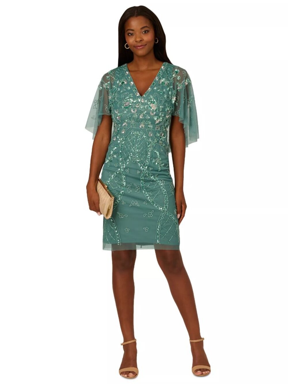 Beaded Cape-Sleeve Sheath Dress